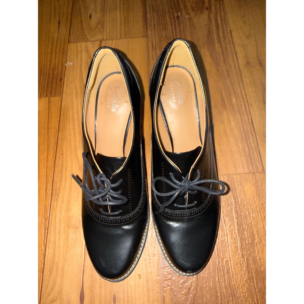 Clarks Artisan Black Leather Lace Up Oxford Block Heels Square Toe 8.5 26110972
